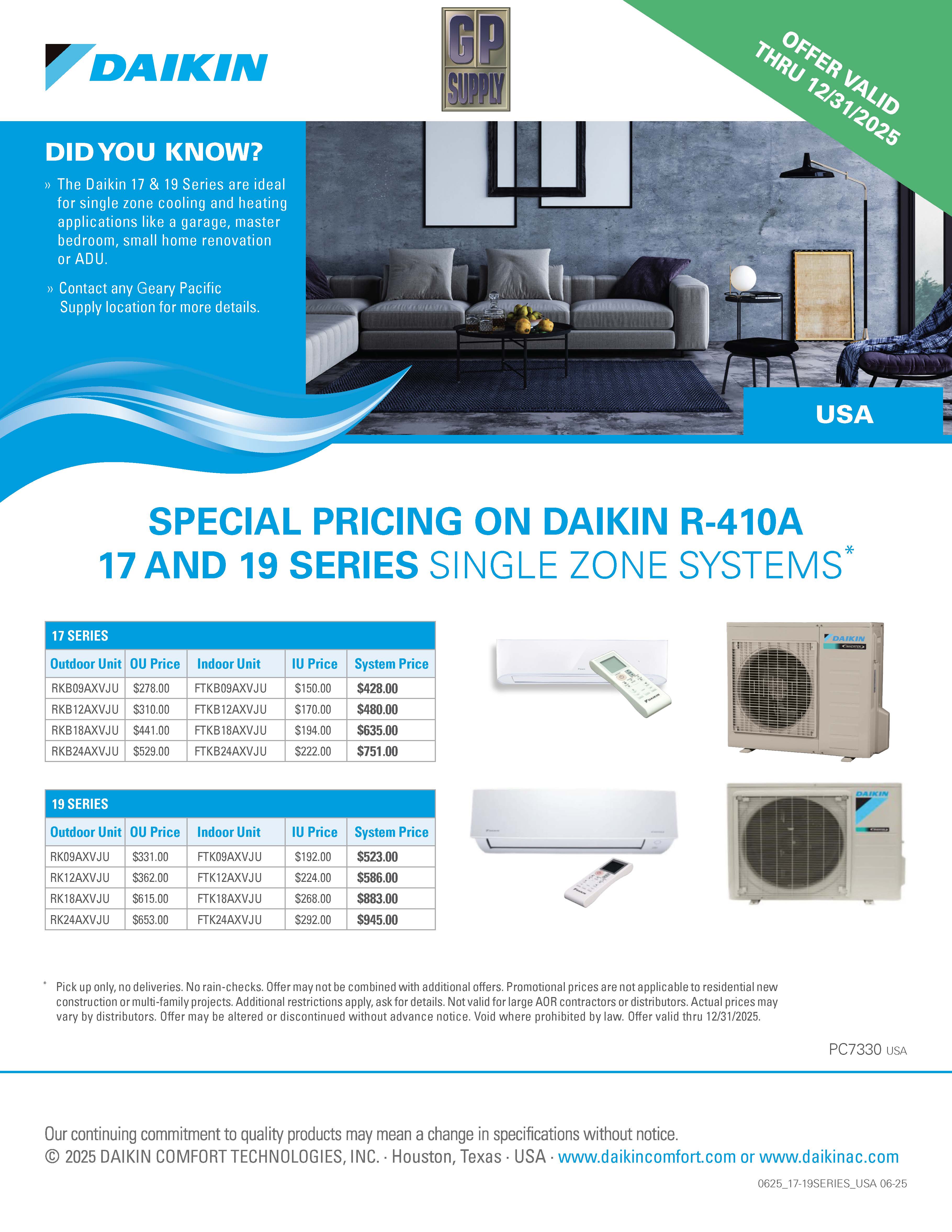Daikin Ductless 17 & 19 Series Special Pricing