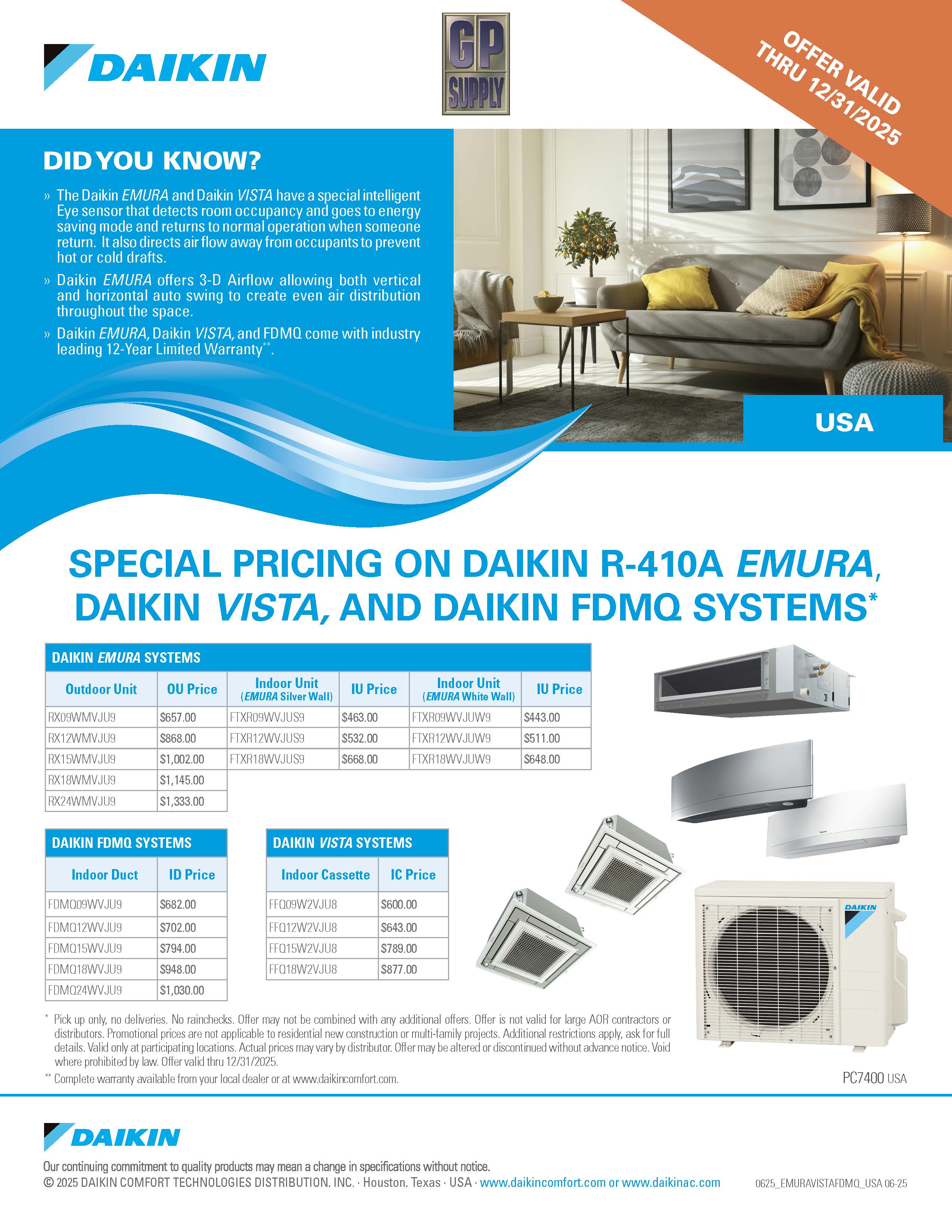 Daikin Ductless EMURA- VISTA- & FDMQ Special Pricing