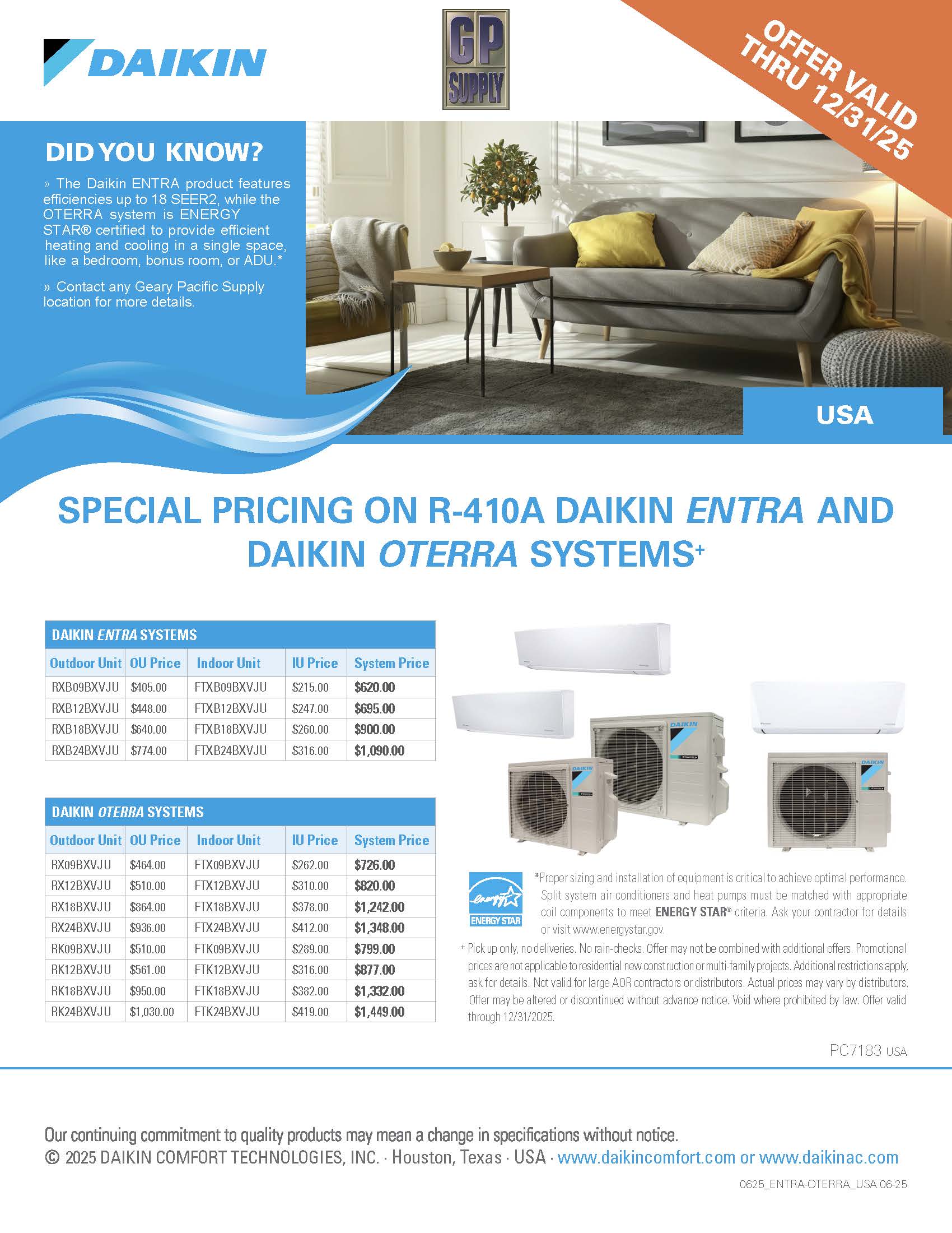 Daikin Ductless ENTRA & OTERRA Special Pricing
